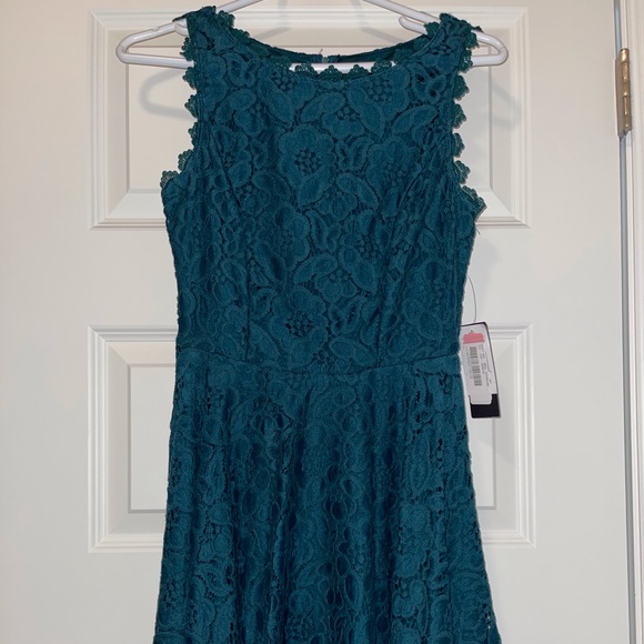 Jodi Kristopher Lace Floral Fit and Flare Dress emerald high Neckline size  3 - Picture 2 of 3